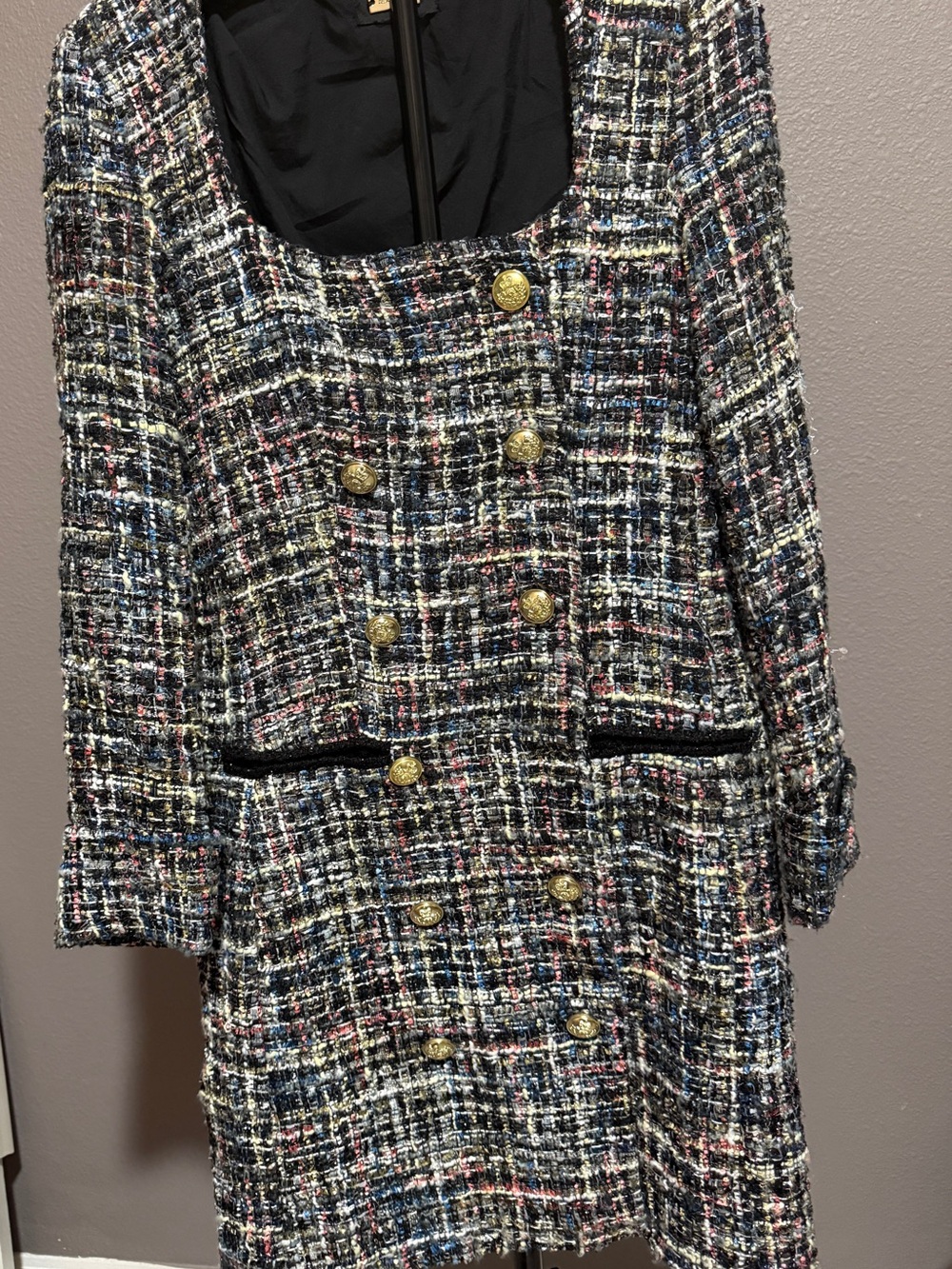 Alexia Admor Multicolor Tweed Double Breasted Dress Gold Buttons (missing 2)
